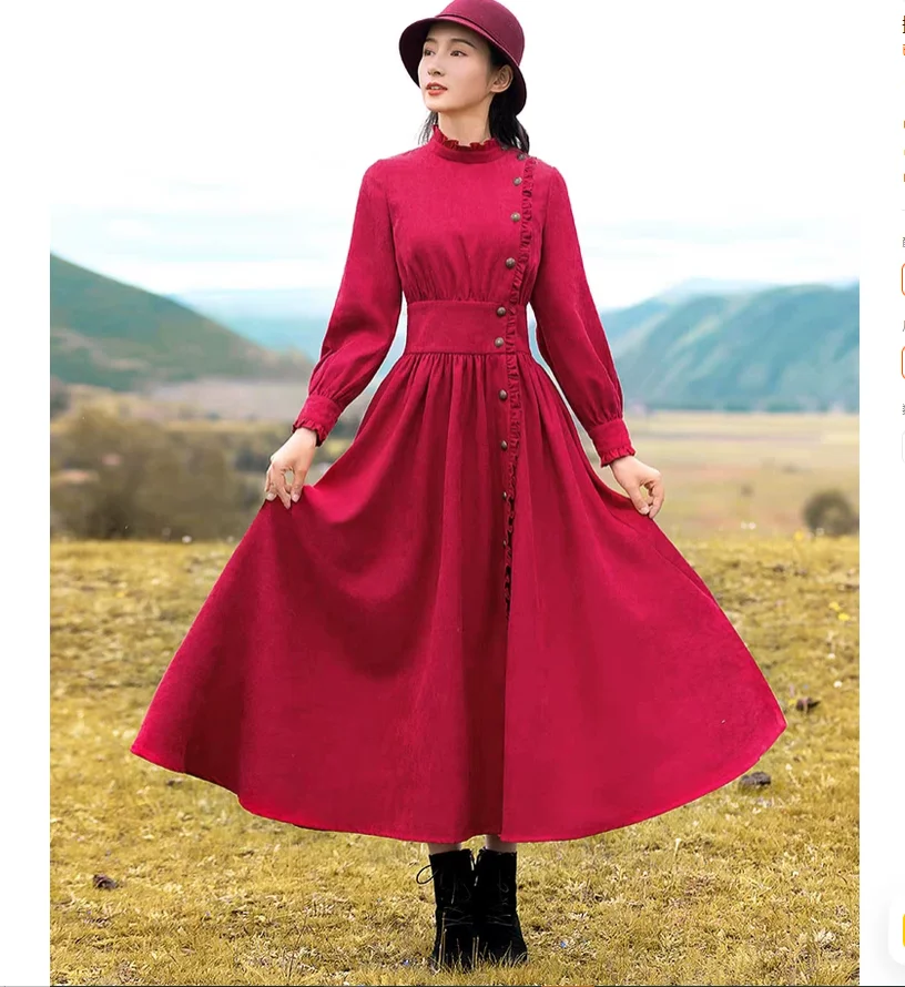 Vestido rojo vino estilo vintage francés de primavera y otoño con gran vuelo.