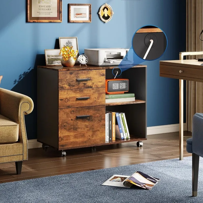 Armário de arquivo móvel de 3 gavetas, armário de arquivo lateral de madeira, suporte de impressora com prateleiras abertas para escritório doméstico, marrom rústico