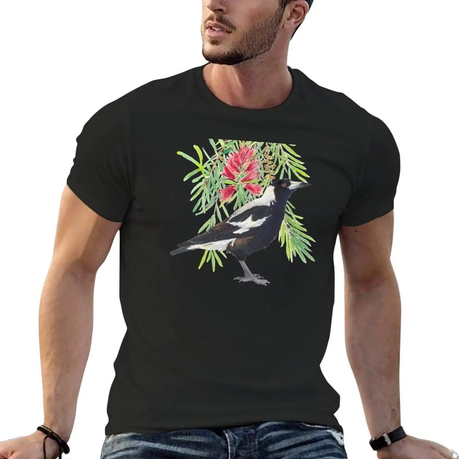 Australian Magpie and bottlebrush tree branch with red flowers watercolour T-Shirt graphic t shirts t shirt for men