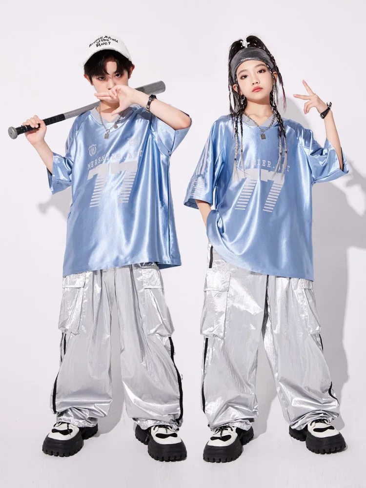 키즈 힙합 실버 운동복 스트리트 댄스 반짝 이는 카고 바지 소녀 K-pop streetwear 키즈 재즈 의류 세트 어린이 무대 의상