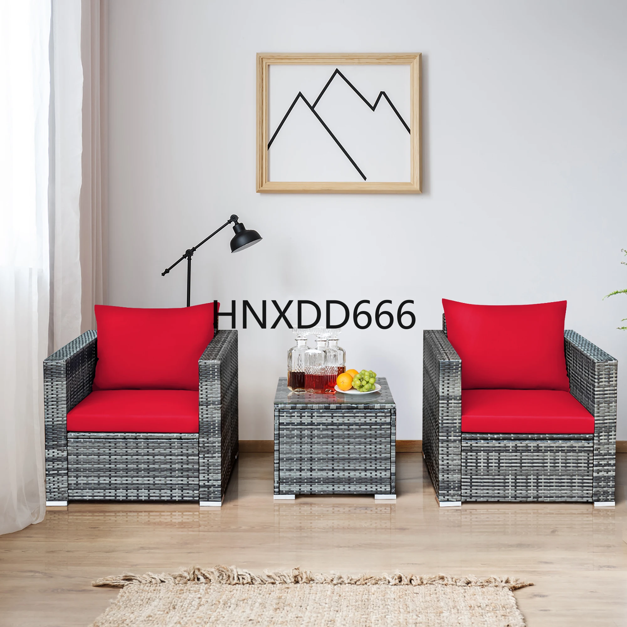 3 PC Patio Rattan Furniture Bistro Set Cushioned Sofa Chair Table Red