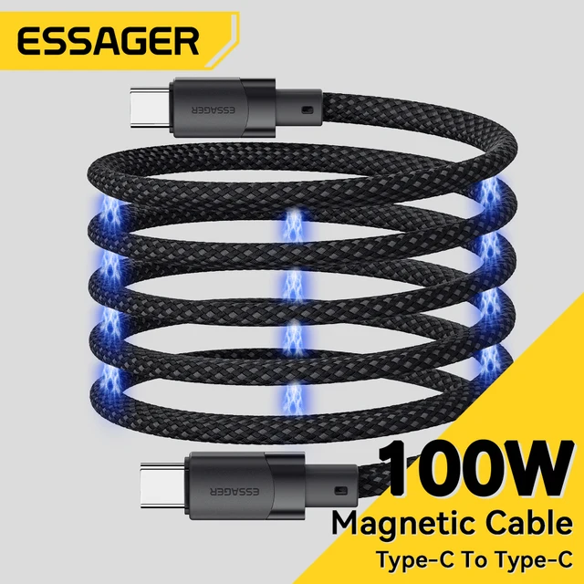 Essager PD 100W Magnetyczny kabel ssący zapobiegający nawijaniu USB C do C Szybka ładowarka Przewód do ładowania danych dla iPhone 15 Laptop Samsung