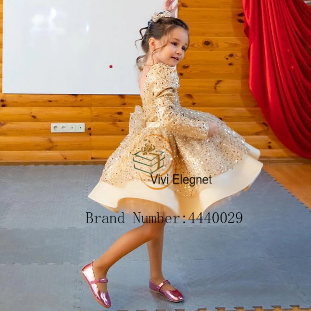 Champagne Flower Girls Dresses for Kids 2024 Full Sleeve Knee Length Wedding Party Dresses with Sequined Bow فلور فتاة اللباس