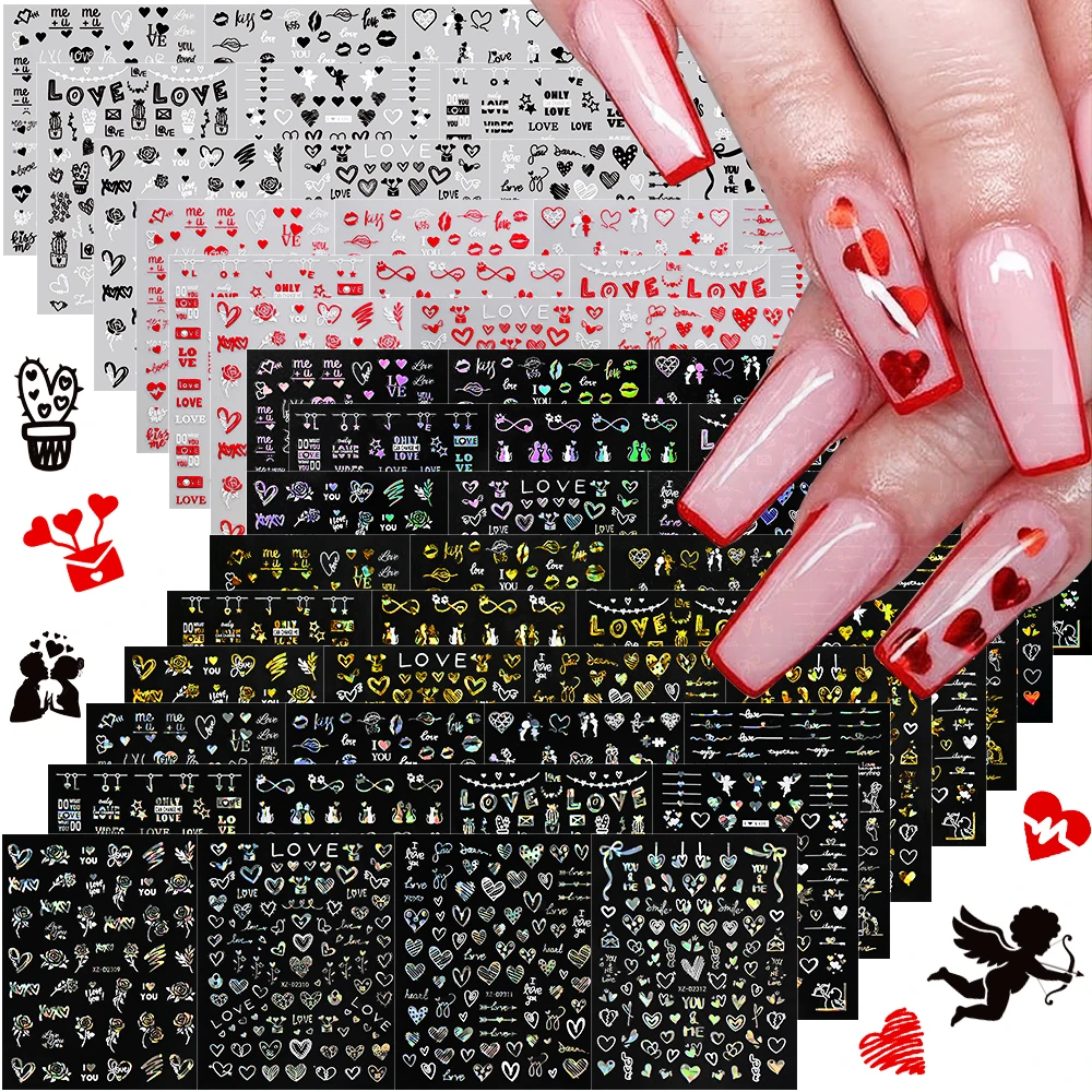 

60 pcs 3D Valentines-Themed 5 sets Love Couple Nail Art Stickers 3D Metallic Love Heart Decal Roses Designs Manicure Accessories