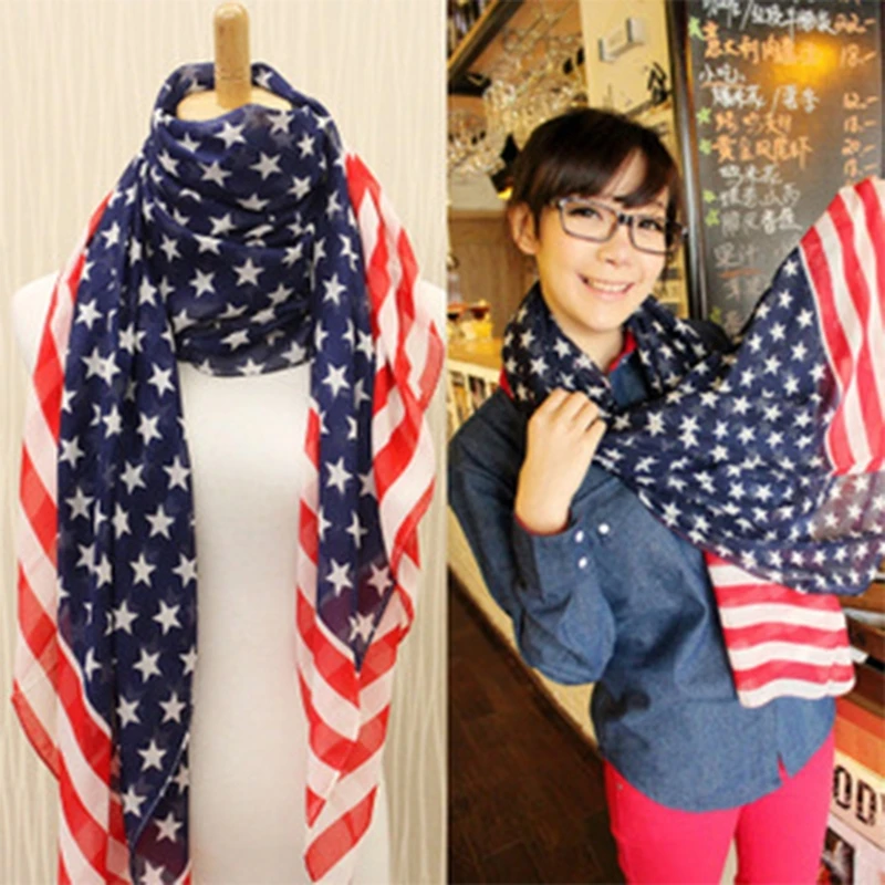 American Flag Patriotic Scarf for Women Men US Flag Scarves Breathable Chiffon Shawl for Independence Day 4th of July M6CD