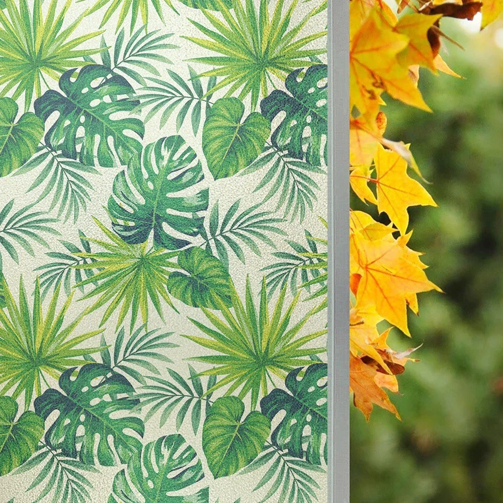 

45x100cm Green Leave Window Film Privacy Anti UV Blocking Static Cling Glass Sticker Frosted Opaque Glass Window for Home Office