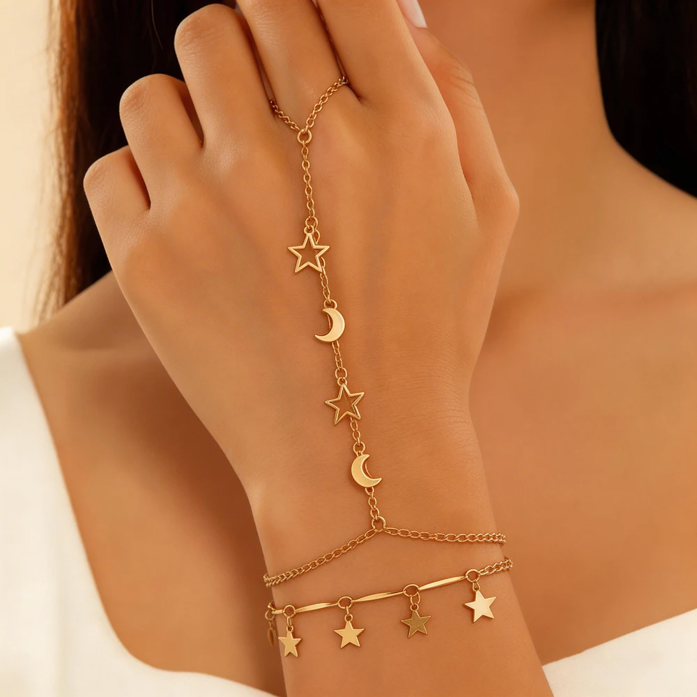 Boho Star Moon Hand Chain for Women Gold Silver Layered Finger Bracelet Adjustable Bracelet for Beach Vacation Festival Party