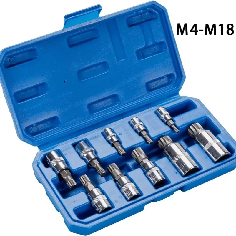 

10 Pcs Triple Square Spline Bit Socket M4 To M18 1/4in 3/8in 1/2in Drive CR V Bit Socket Set with Storage Box Hand Tools