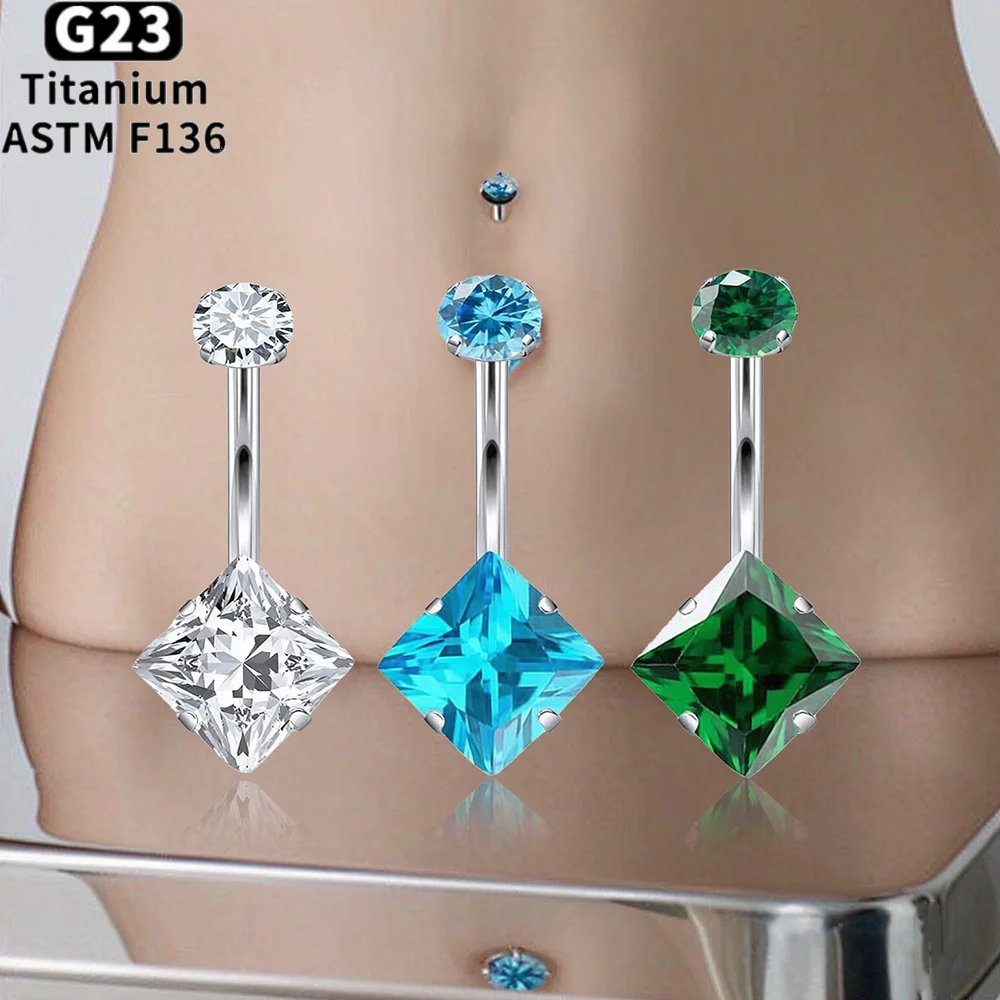 F136 Titanium Belly Button Ring for Women 14G Internal Thread Premium Square Zircon Navel Piercing Belly Ring Sexy Body Jewelry