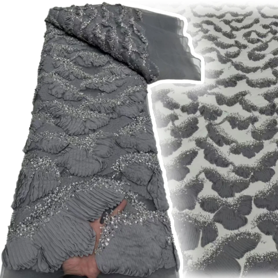 

Серая роскошная кружевная ткань с 3D блестками и бусинами, модная вышивка, французский тюль, сетчатая кружевная ткань для свадебного платья, 5 ярдов CC1456
