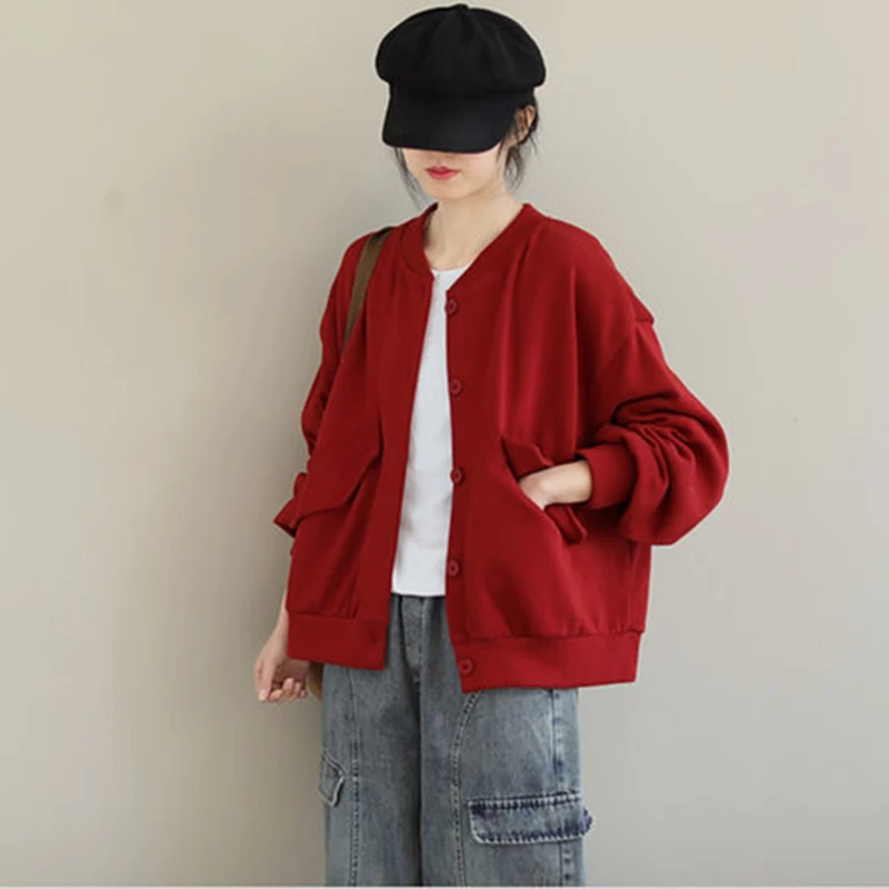 

Женский хлопковый вязаный кардиган в стиле ретро, весенне-осенний свободный круглый повседневный бейсбольный топ с длинным свеком