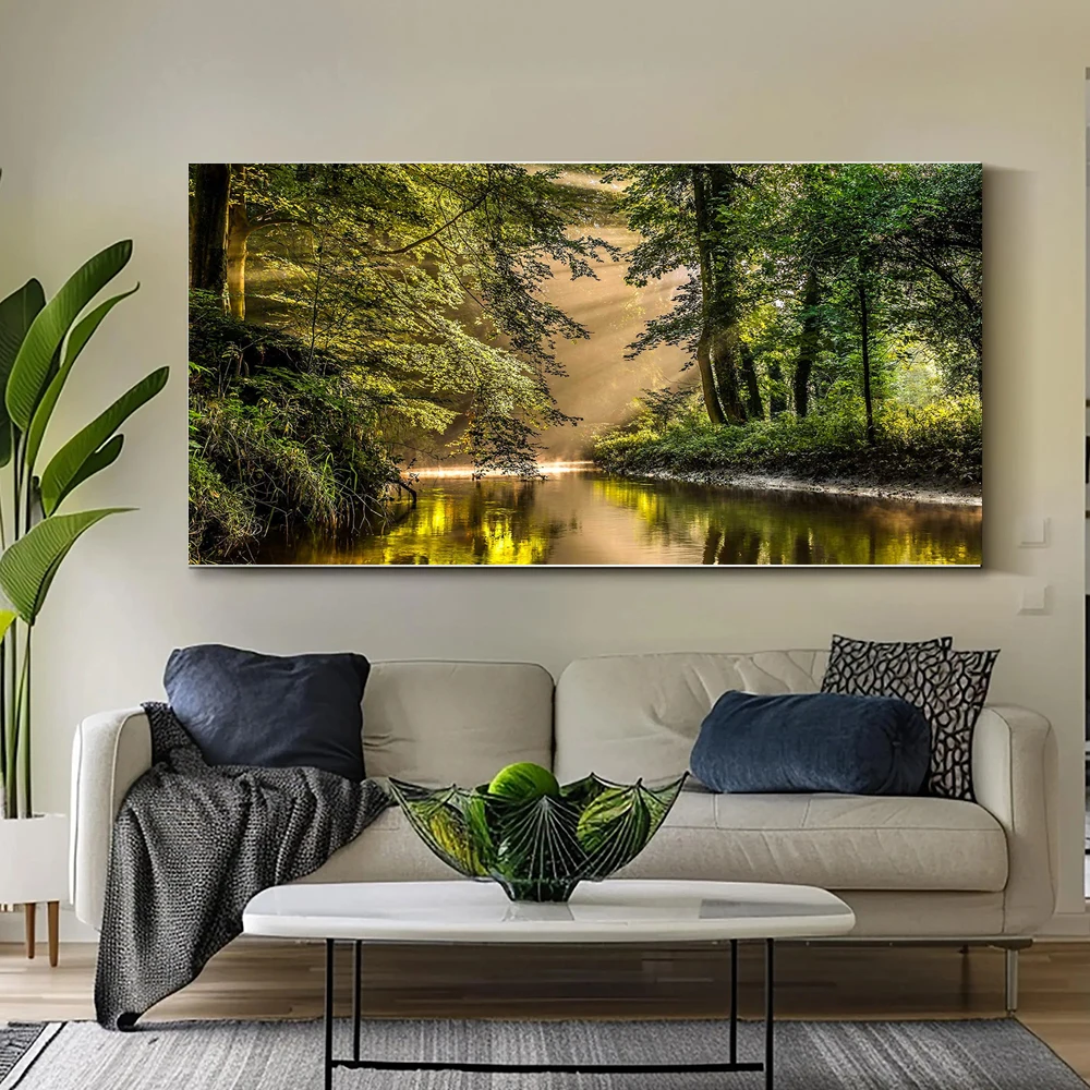Sunlit Forest River Photography Print – Tranquil Nature Wall Art Canvas Print, Modern Bedroom Wall Decor, Poster, No Frame
