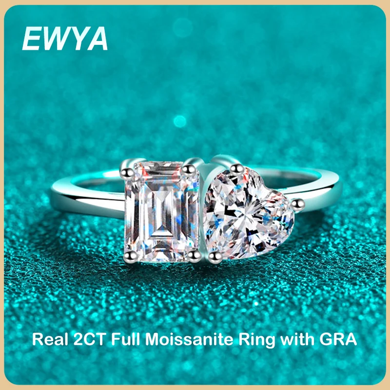 

EWYA Luxury Real 2CT Heart Cut Moissanite Ring for Women S925 Silver Plated 18K White Gold Diamond Engagement Rings Wedding Band