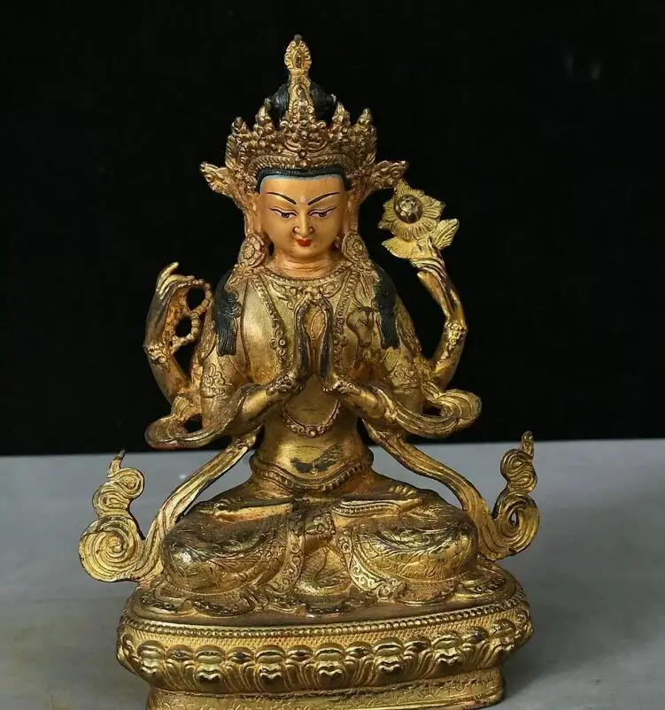 8.6'' Old Tibet Nepal Bronze Gilt 4 Arm Kwan-yin Guanyin Quanyin Buddha Statue