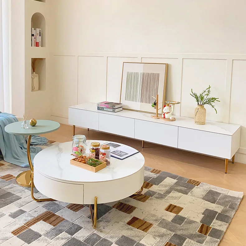 Meuble TV moderne et simple en dalle de roche, combinaison de table basse, salon minimaliste italien, petit appartement blanc