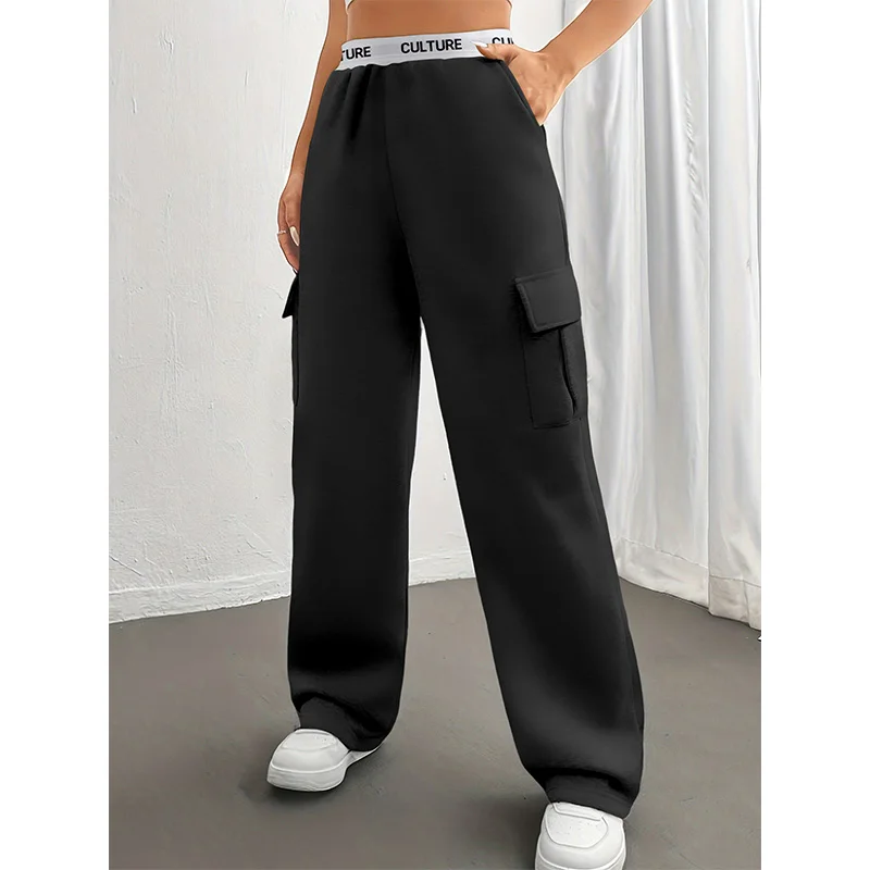 السراويل النسائية بلون حزام العمل السراويل عارضة فضفاض جيوب جانبية المرأة سحب السراويل النسائية الاتجاه الموضة