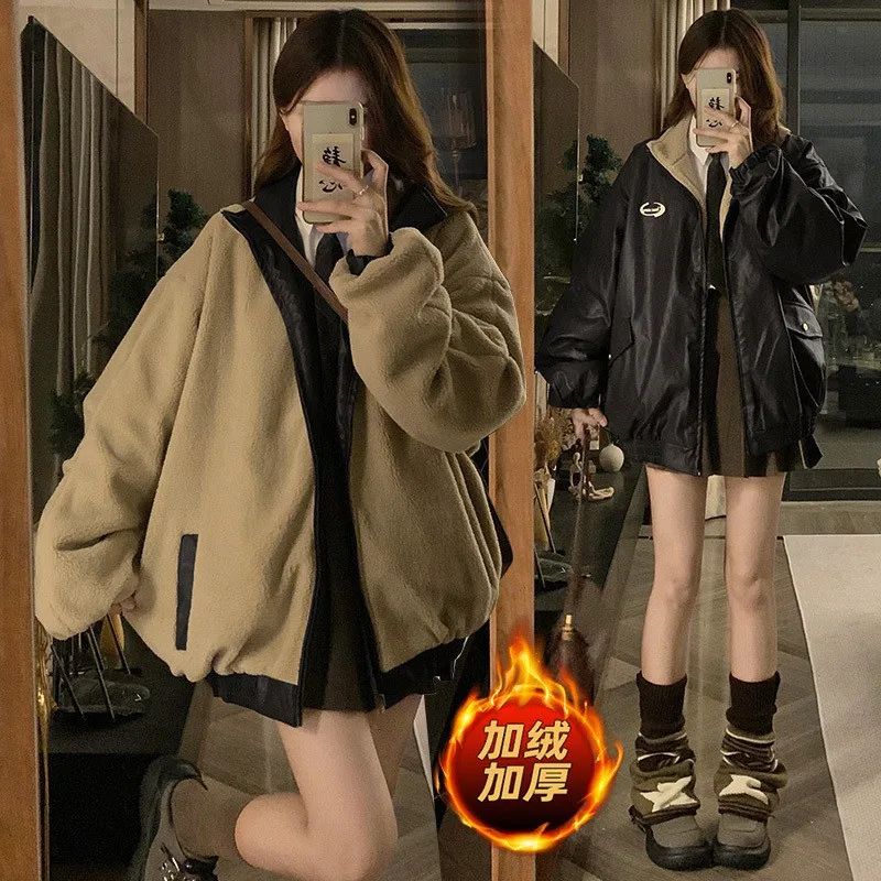 Fashion Leather Jacket Women Wear on Both Sides Lamb Fleece Coat Thickened  Windproof Cuff Warm Stand Collar Winter Cotton Coat