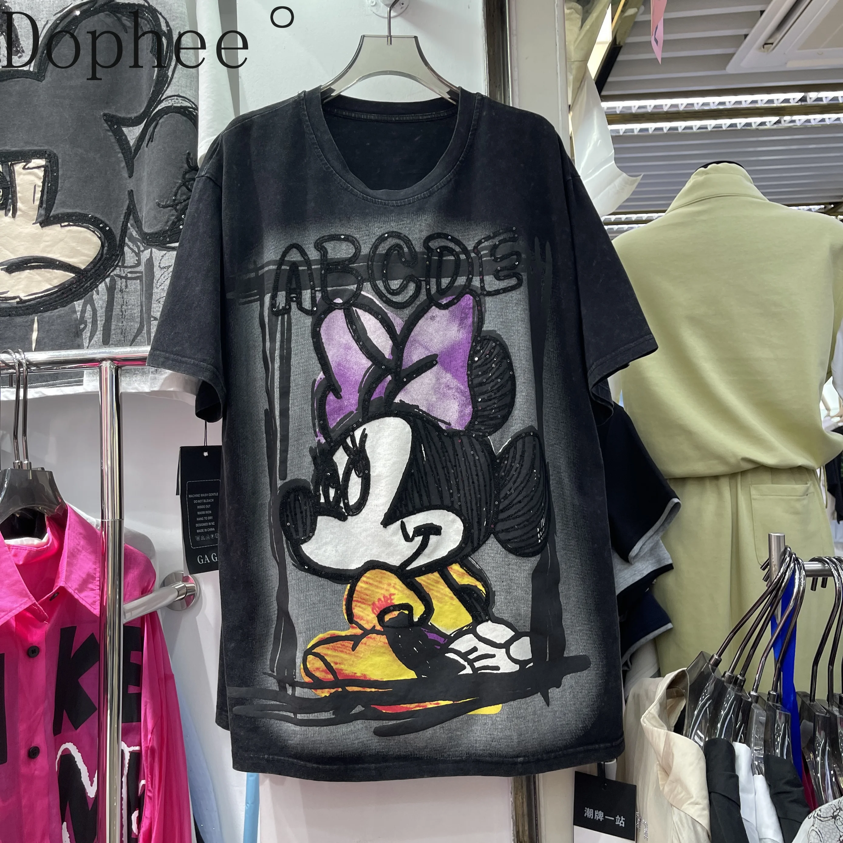 

2025 New Spring Summer Loose Women O-neck Pullover Top Sequins Cartoon Printed Cotton Basic Tees All-match Students T-shirts