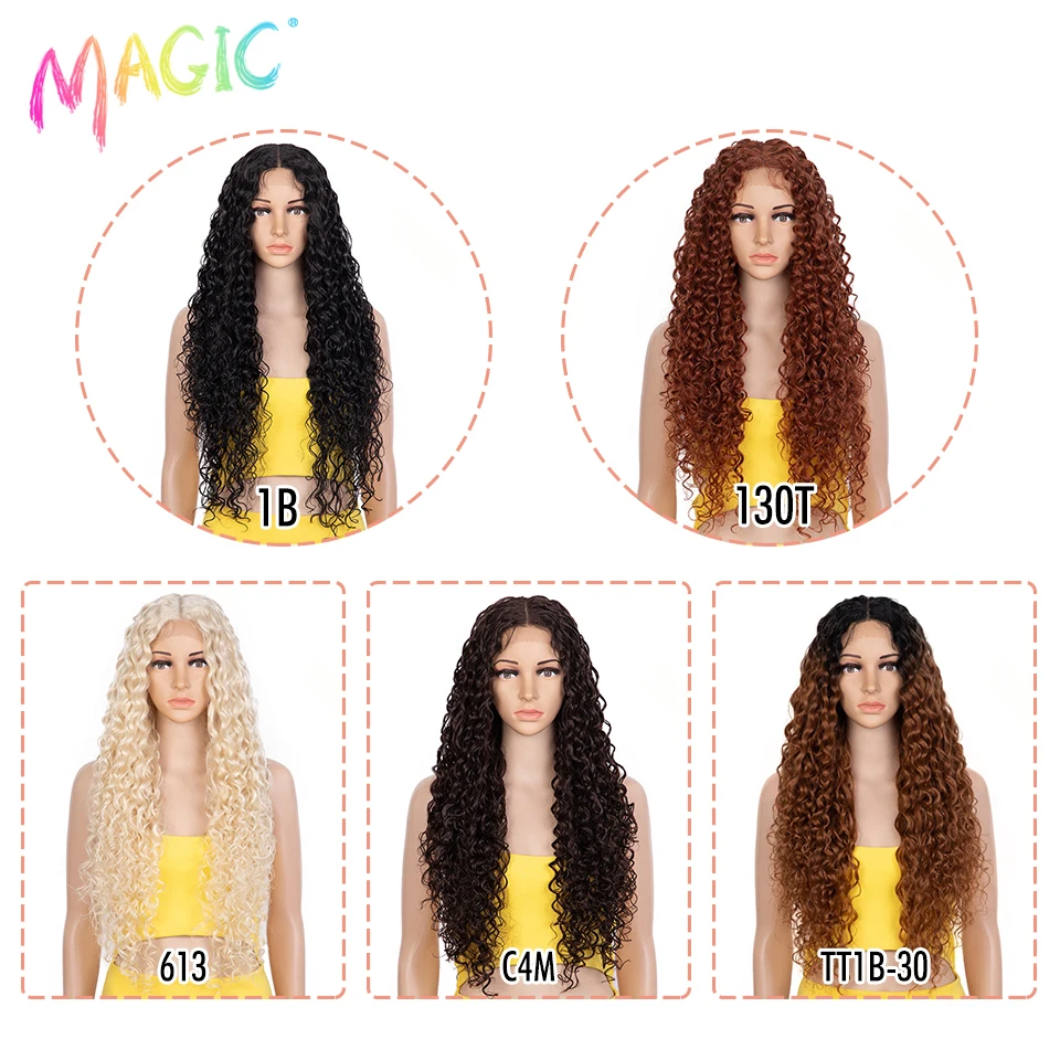 Magic-Perruque synthétique longue bouclée pour femmes noires, cheveux de bébé ombrés, perruques vidéo blondes, cosplay, devant en dentelle, 30 po