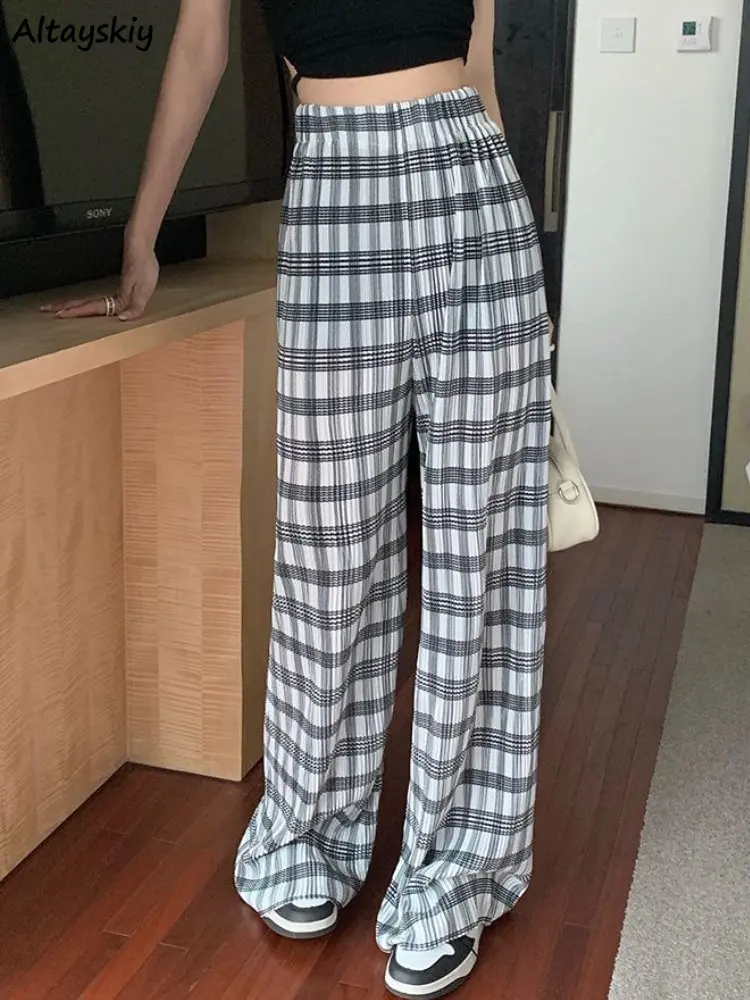 

S-3XL Plaid Pants for Women High Elastic Waist Wide Leg Summer All-match Ulzzang Style Spring Vintage Young Pantalones De Mujer