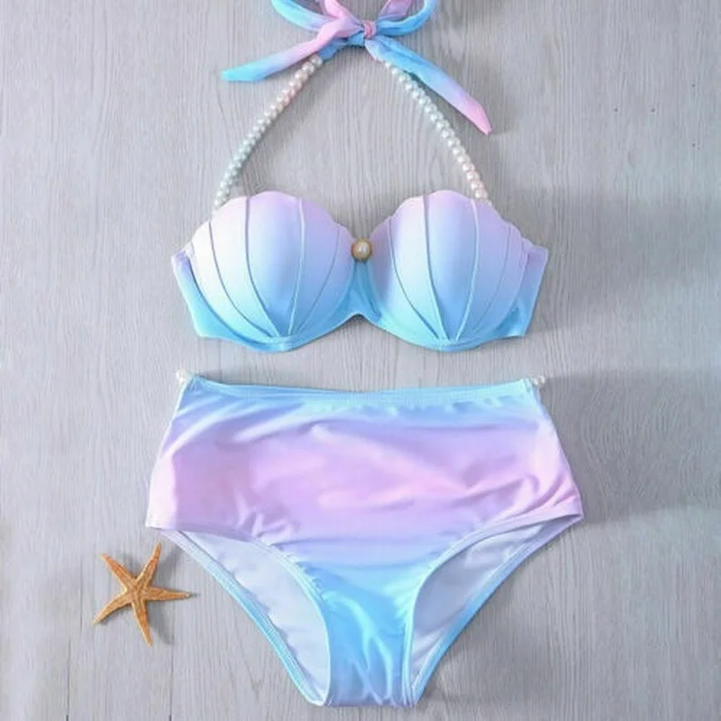 Women's sexy swimsuit, pearl bra, mermaid style, gradual change, padded, push-pull, dried