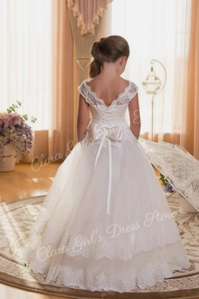 Modieuze lange kanten bruiloft prinses bloemenmeisje jurk met strik, geschikt voor feesten, bruiloften en communie; aanpasbaar