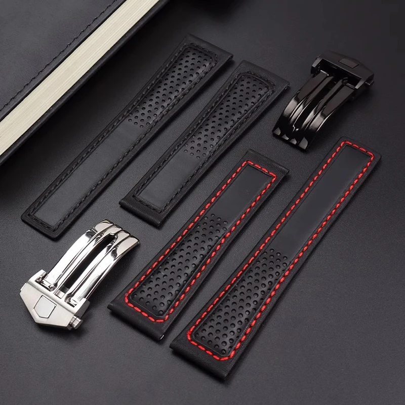 Black Frosted Genuine Leather Watch Strap For Tag Heuer Carrera Diving Monaco F1 Series Breathable Watch Chain 22mm Watch Band