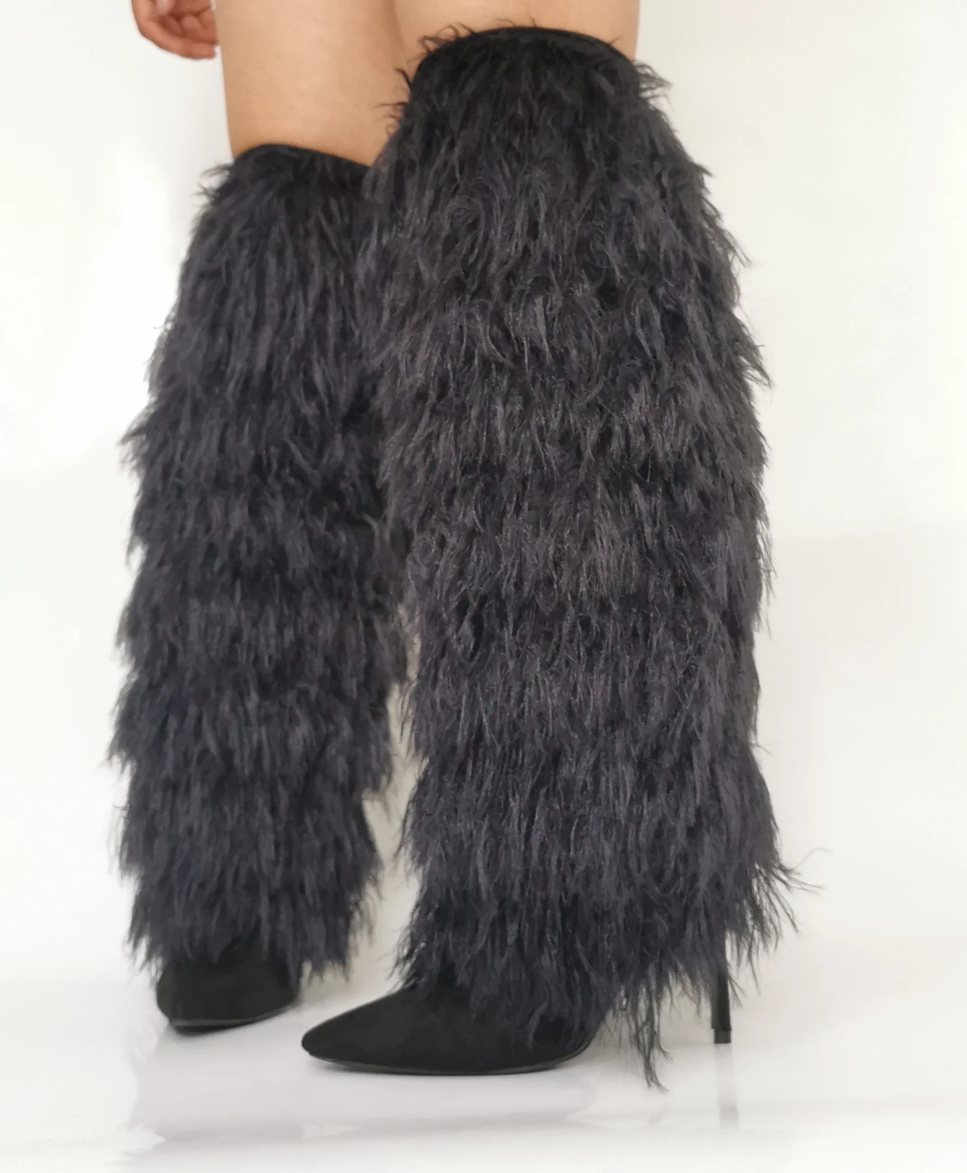 2026 New Fluffy Knee High Women Boots Pointed Toe Thin High Heel Fashion Catwalk Long Boots Black Hair Stage Party Boots