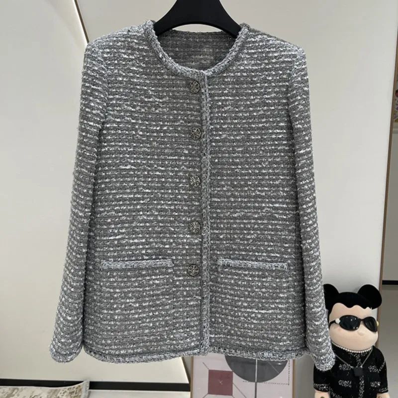 

Grey tweed coat Spring/fall new round neck lace exquisite coat