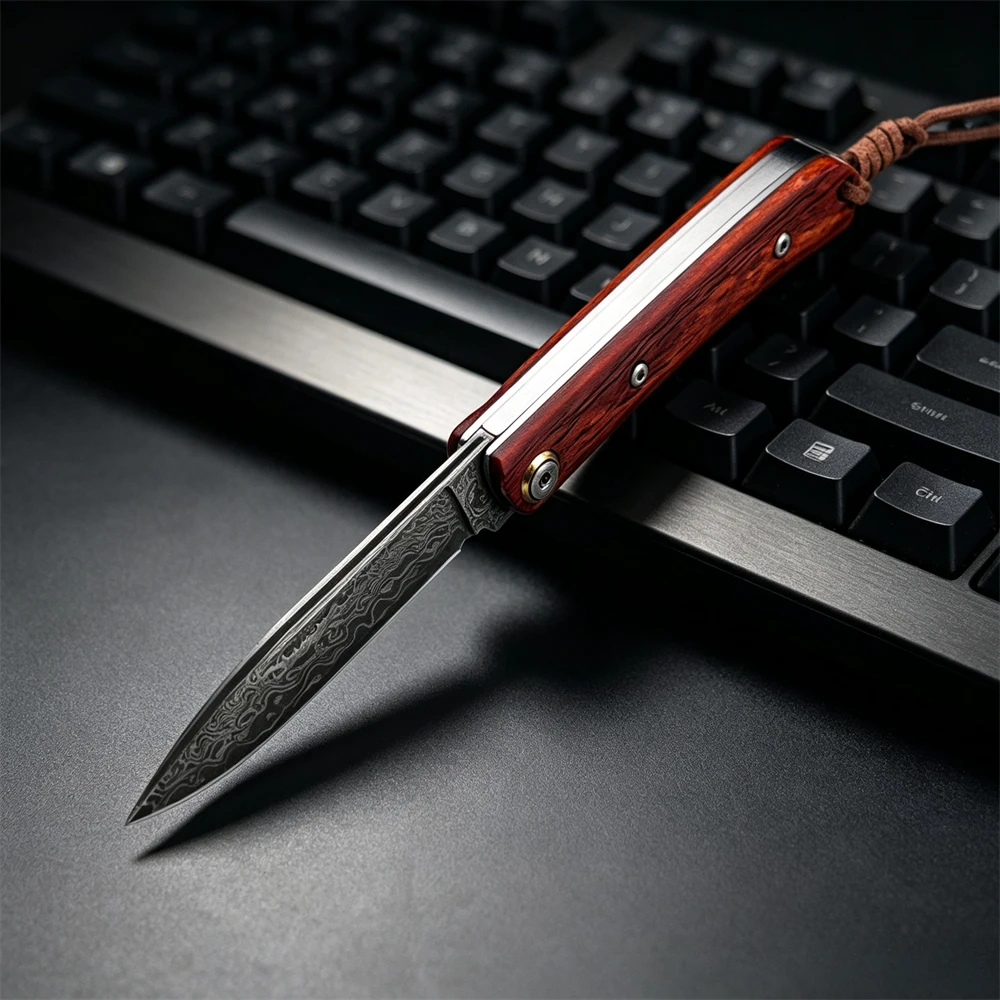 Damascus Pattern Folding Knife Red Sandalwood Hand Polished Handle, Portable Outdoor Pocket Knife for Fishing Camping Hunting