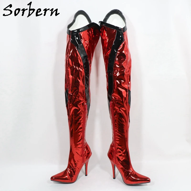 Sorbern Sexy Metallic Red Over The Knee Boots For Women High Heel Stilettos Pointed Toe 12Cm Punk Style Thigh High Boots Custom