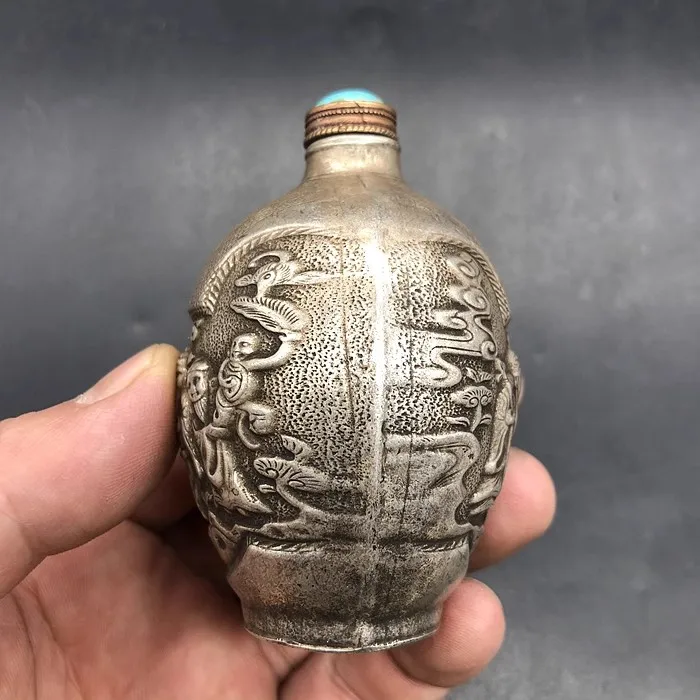 Antique Collection of Qing Dynasty Qianlong Year Made Three Star White Copper Snuff Bottle, Home Decoration Ornaments