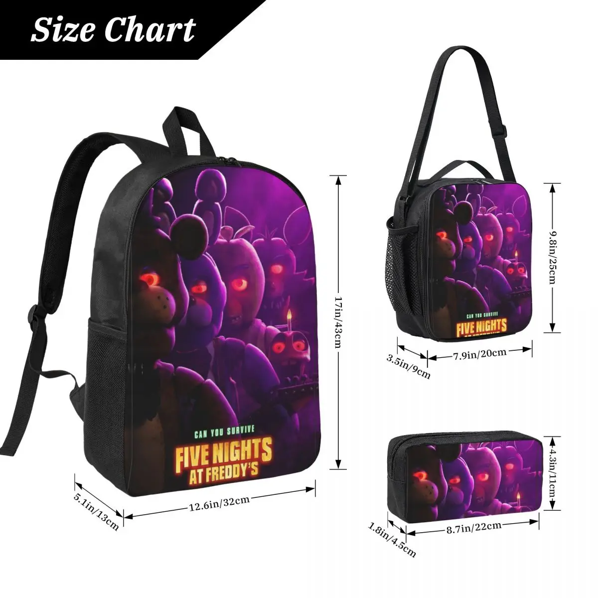 Fnaf Movie 3pecs/set Backpack for Student 2023 Red Eyes Trailer Cast High School Canvas Bags Lunch bag Pencil Case - view 3