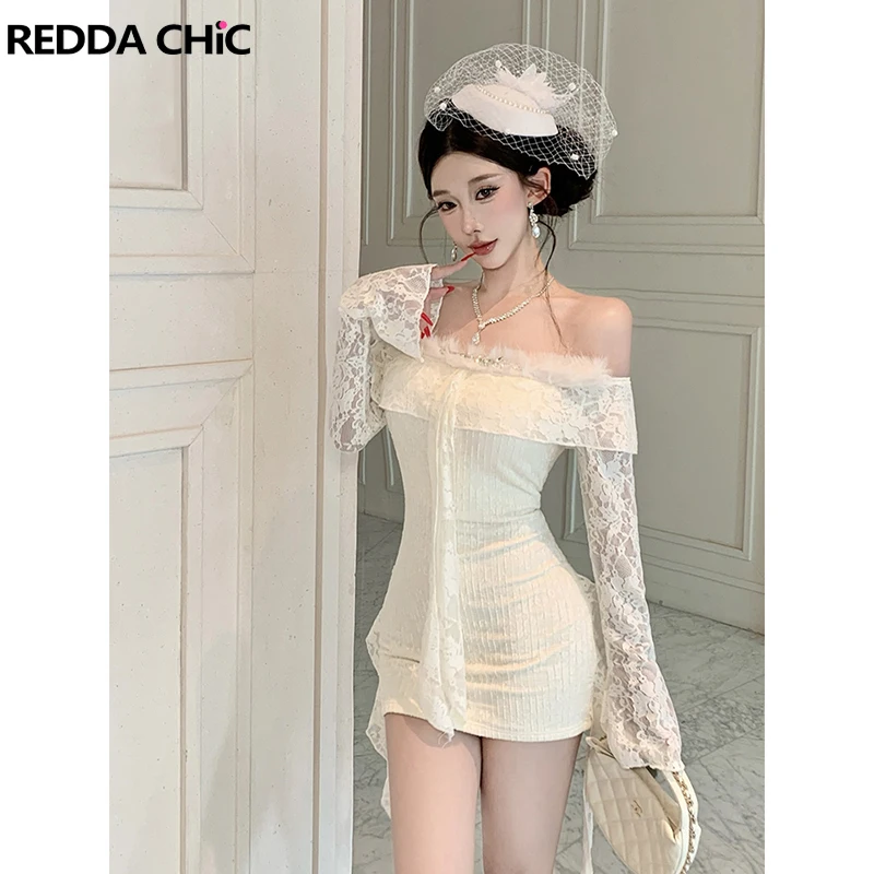 REDDACHiC-minivestido de encaje Floral para mujer, minivestido de fiesta con diamantes, adorno de piel sintética, un hombro acampanado, manga larga, ceñido al cuerpo, ropa Sexy de otoño