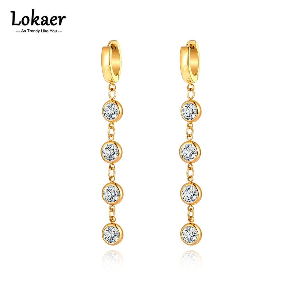 Lokaer Stainless Steel Sparkling Round Cubic Zirconia Tassel Earrings Trendy Bohemia Party Hoop Earrings For Women Girls E21167