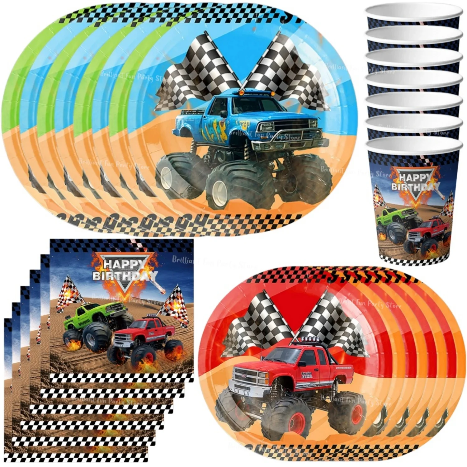 60 pièces de décorations d'anniversaire Monster Truck, gobelets en papier, assiettes, serviettes, vaisselle jetable pour enfants, garçons, filles, fournitures de fête