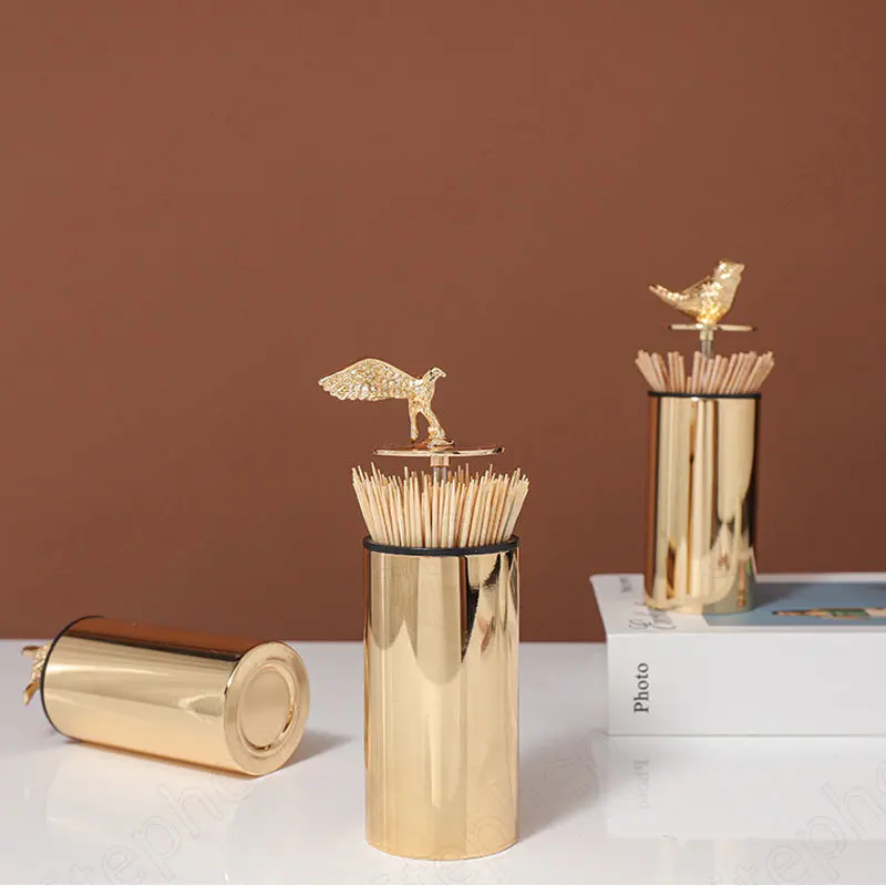 Gold-plated Stainless Steel Toothpick Dispenser European Classic Animal Decorative Press Cotton Swab Holder Home Decoration