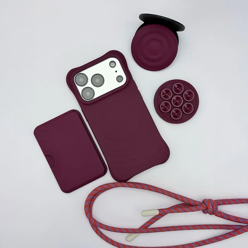 

Mulberry Sucker Phone Stand Ripple Silicone Magnetic Case Cover for IPhone 13 ~ 17 Pro Max Long Short Lanyard Accessories