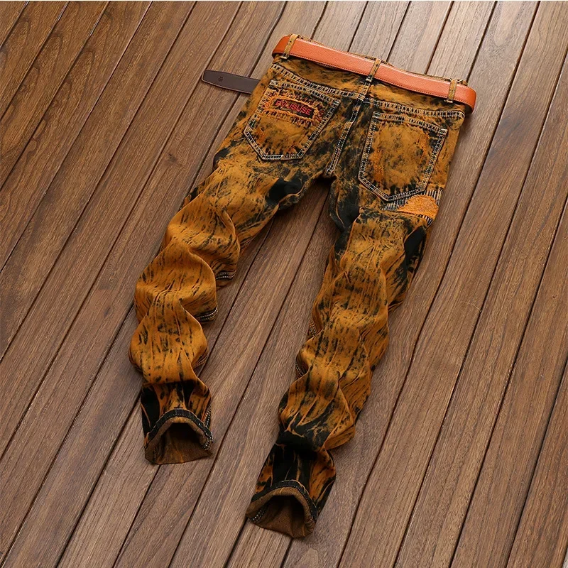 Autumn New Men's Orange Ripped Patchwork Jeans (No Belt) Personalized Fashion Vintage Denim Trousers Motorcycle Streetwear Male