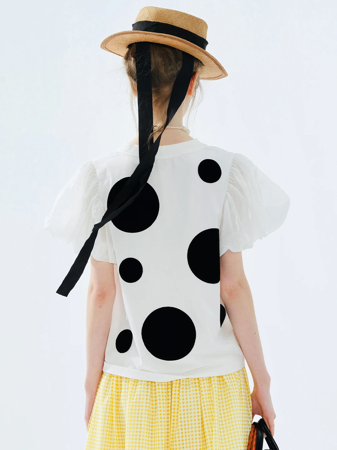Women's White Top Short Sleeve Round Neck Black Polka Dots Puff Sleeve Office to Weekend Stretch Fabric Trendy Blouse 255067 - Image 2