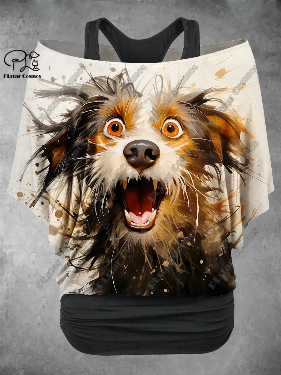 PLstar Cosmos 3D Print Cute Puppy Oil Painting Pattern Fake Two-Piece Top Women's Casual T-Shirt Harajuku Streetwear