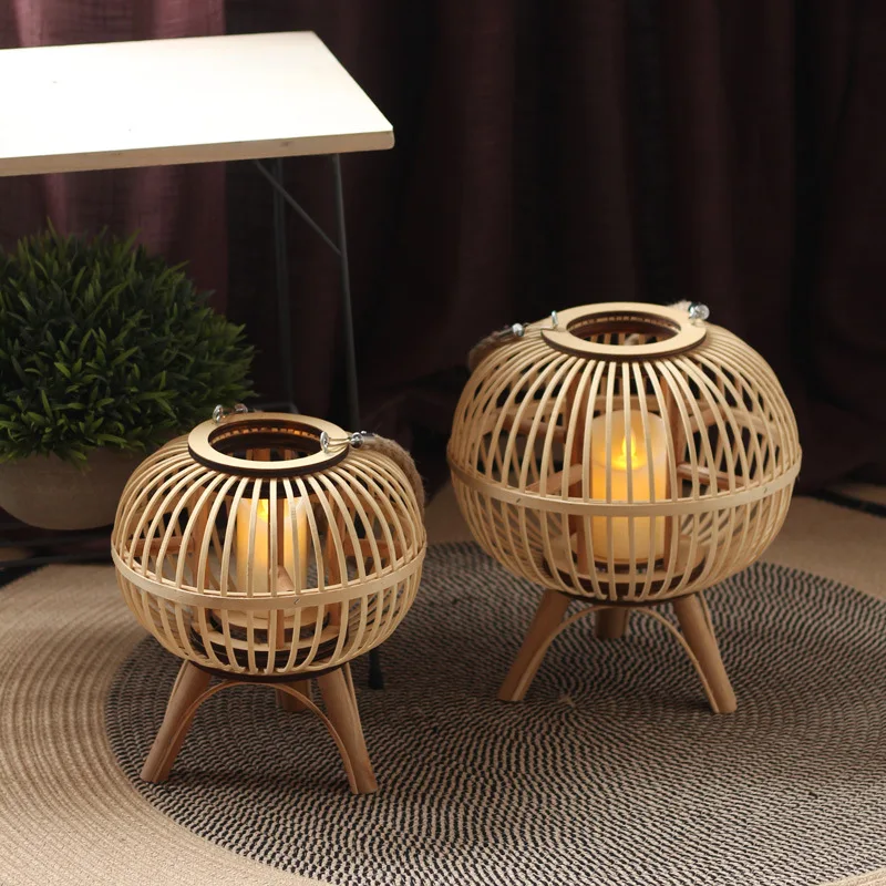 Vintage Retro Bamboo Woven Wind Lantern Lamp American Handmade Handheld Floor Candlestick Lamp As Night Light For Living Room