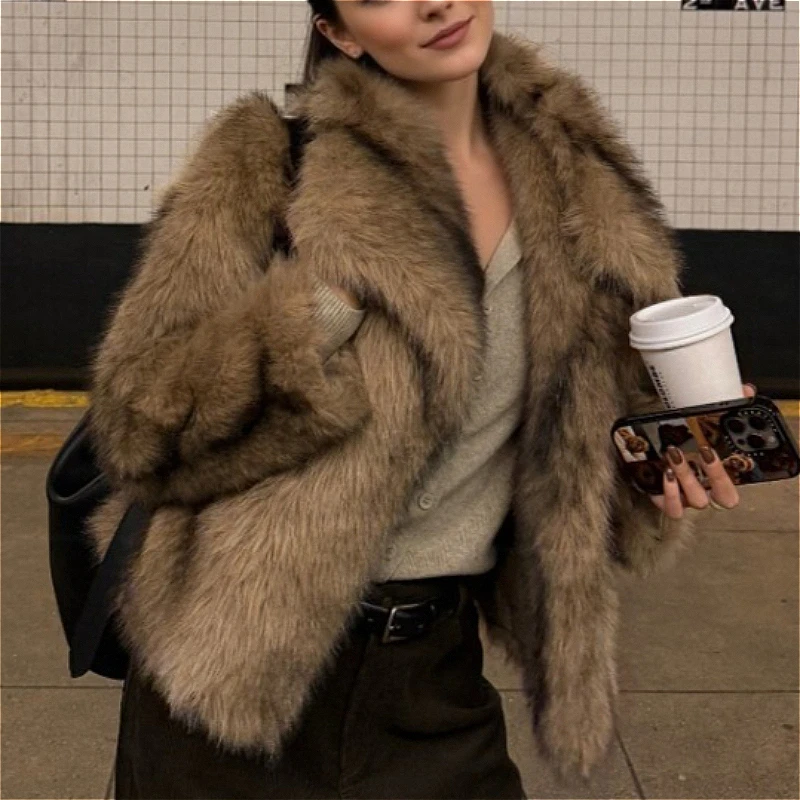 Faux Fur Short Coats Women Jackets Turn Down Collar Coat Thick Warm Y2k Streetwear Jacket Elegant Work Outerwear Autumn Winter