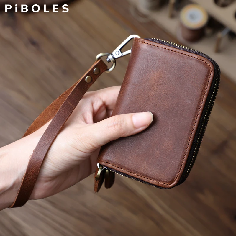 

Genuine Leather Key Wallets Vintage Handmade Zipper Car Key Holder Cowhide Keys Organizer Housekeeper Case Coin Purse Unisex