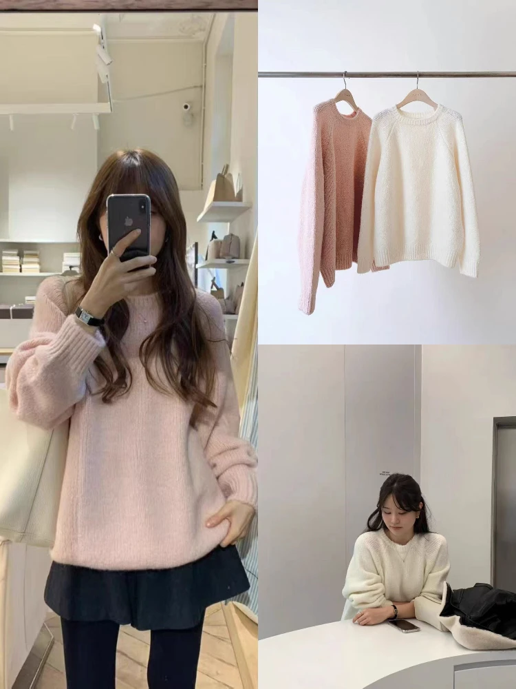 

Свободный женский круглый вязаный свитер Ne, мягкий уютный верхний свитер Dongdaemun Ouce, удобный длинный шерстяной топ све