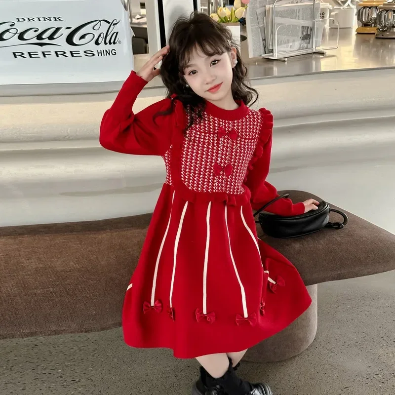 Vestido Girl Dresse Fashion Princess Dresses Bow Hair Dress Sweet Knitted Long Dress Casual Dresses Dress for Girl ملابس اطفال