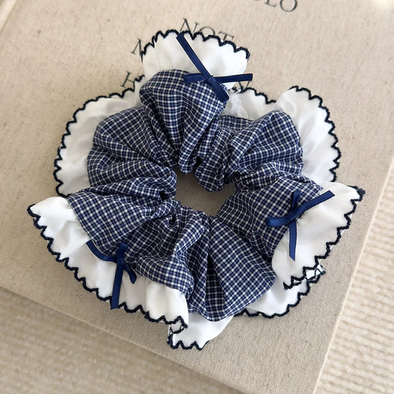 Scrunchie Blue Plaid Square Bow Gold Label Ribbon Korean Style Elegant Women Daily Office Hair Accessory Premium Versatile Soft