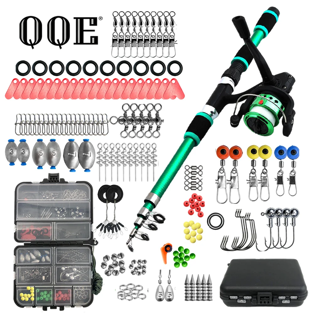 QQE Hot Selling1.8 Meters Fishing Pole Set Full Kits With Telescopic Fishing Rod And Spinning Reel Baits Hooks Travel Pole Set