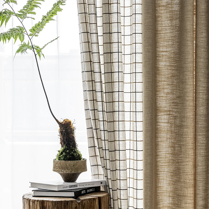 Linen Textured Blackout Curtains for Living Room, Modern Geometric Stripe Pattern Curtain, Flax Color, Light Reducing Drapes