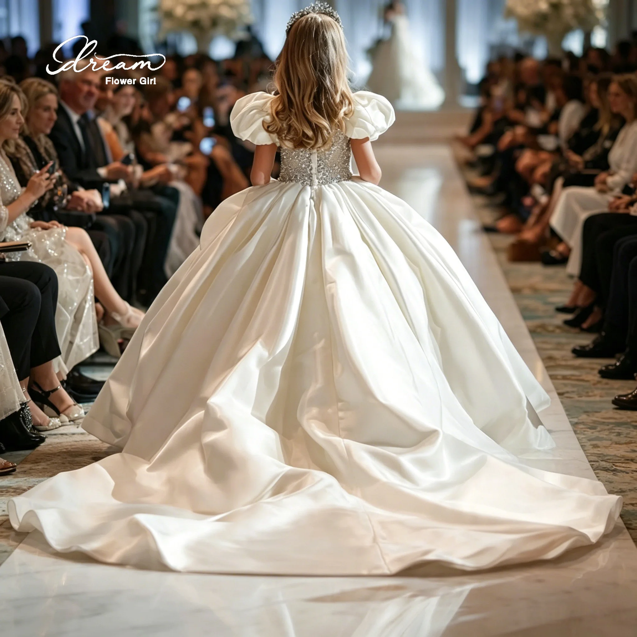 Exquisite white satin floor-length formal ball gown for girls featuring a beaded waist design